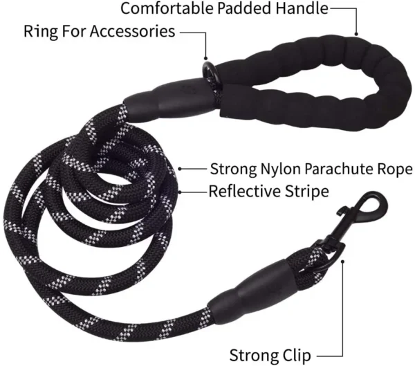 5 FT Thick Highly Reflective Dog Leash- Black - Image 2