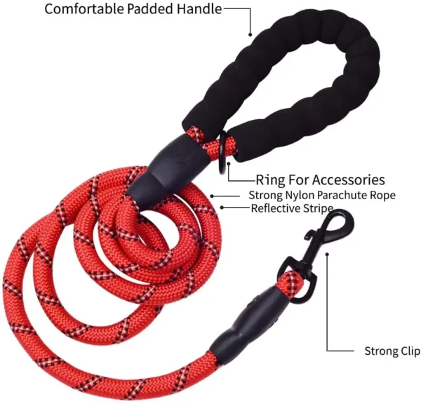 5 FT Thick Highly Reflective Dog Leash-Red - Image 2