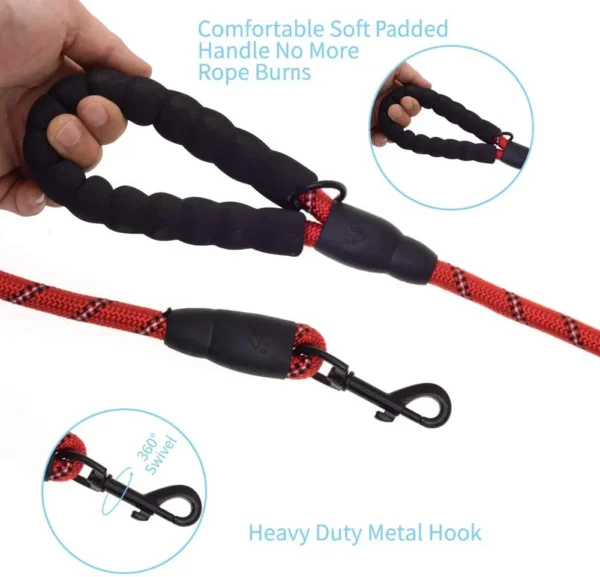 5 FT Thick Highly Reflective Dog Leash-Red - Image 3