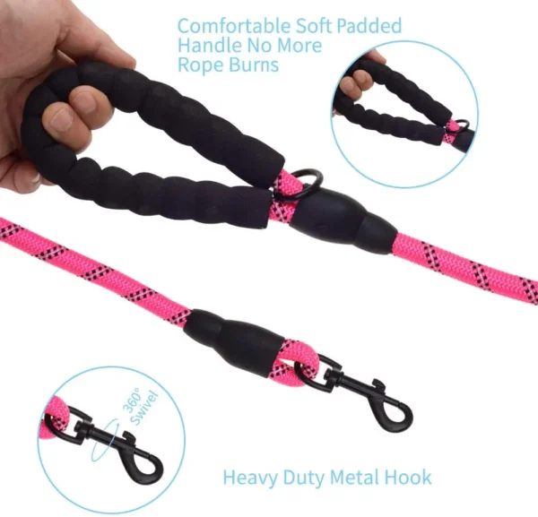 5 FT Thick Highly Reflective Dog Leash-Pink - Image 3