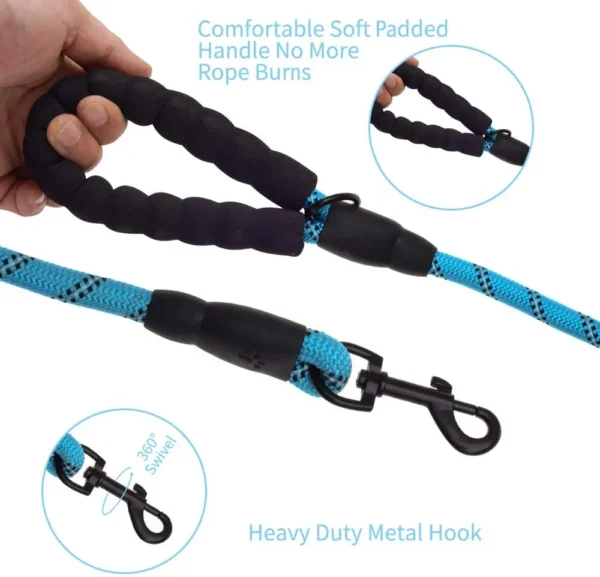 5 FT Thick Highly Reflective Dog Leash- Blue - Image 3