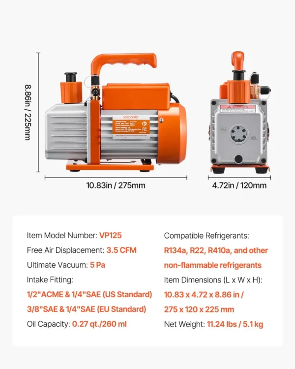 Vacuum Pump 3.5 CFM HVAC Single Stage Rotary Vane Vacuum Pump Oil Included - Image 6