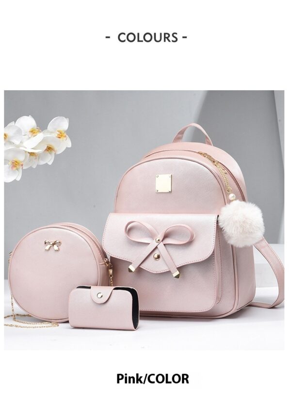 Fashion Women's Bags PU Bow Composite Bag Young Girl Student Cute Shoulders Backpack Crossbody Bags Coin Purse 3pcs Set - Image 9