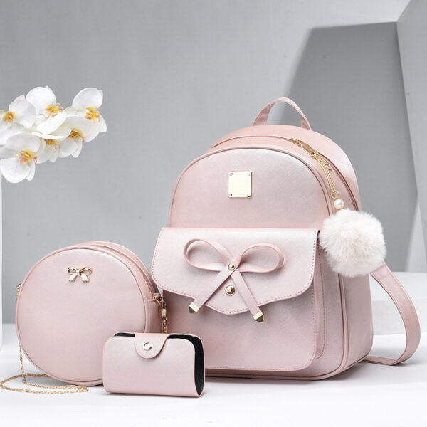 Fashion Women's Bags PU Bow Composite Bag Young Girl Student Cute Shoulders Backpack Crossbody Bags Coin Purse 3pcs Set - Image 3